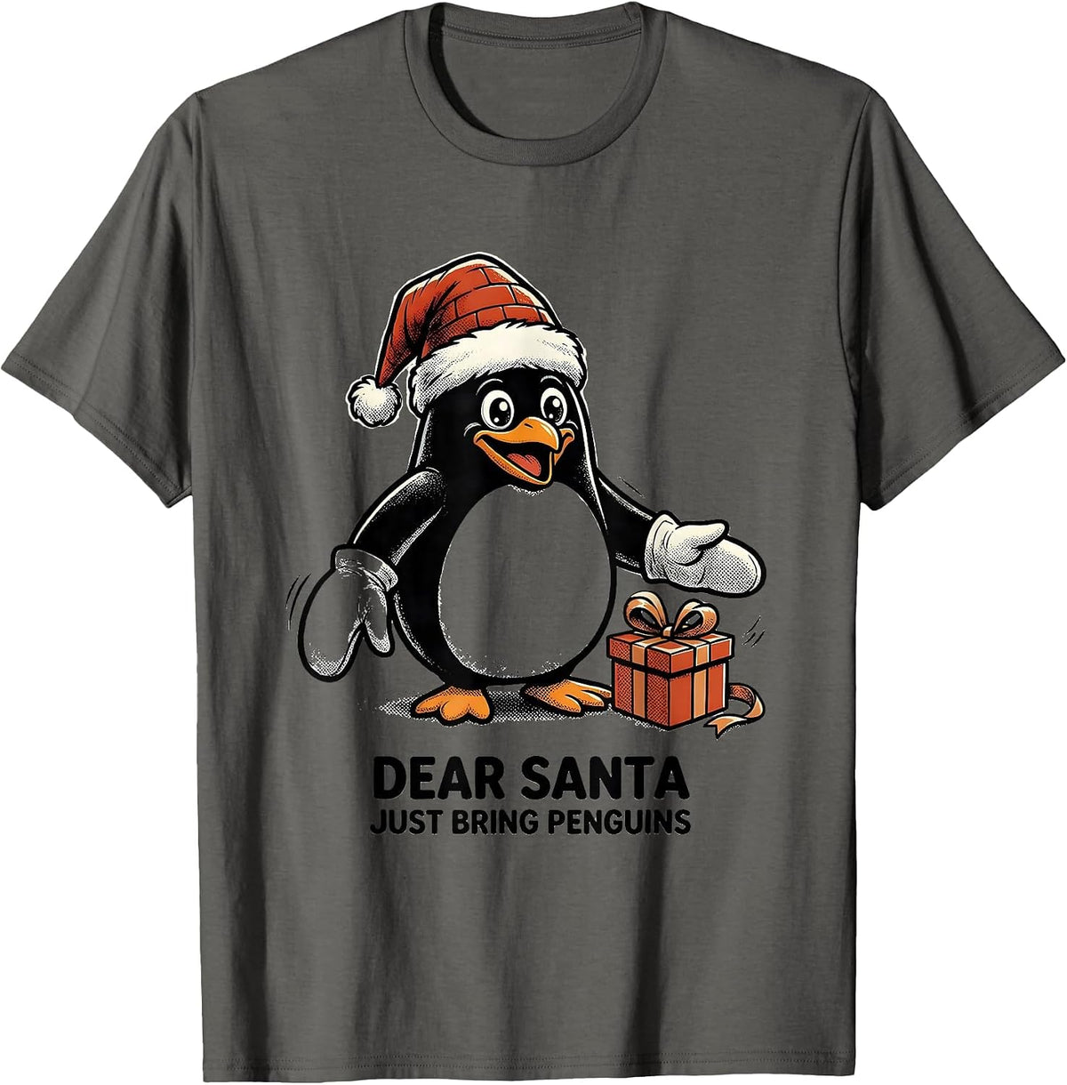 Dear Santa Just Bring Penguins Retro Cartoon Penguin Lover T-Shirt - Asphalt Grey