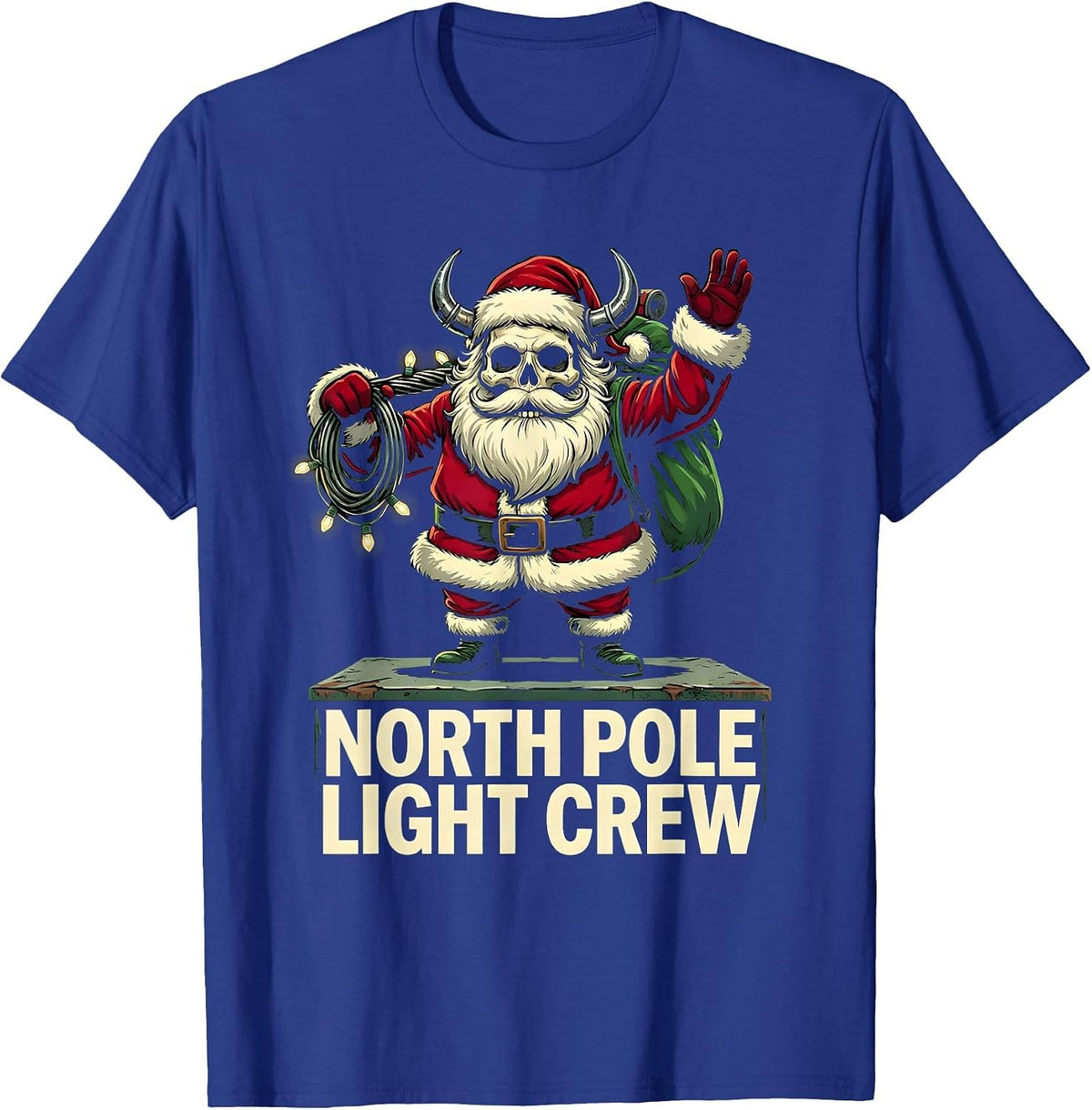 Men's North Pole Light Crew Cartoon Heavy Metal Santa Claus T-Shirt - Royal Blue