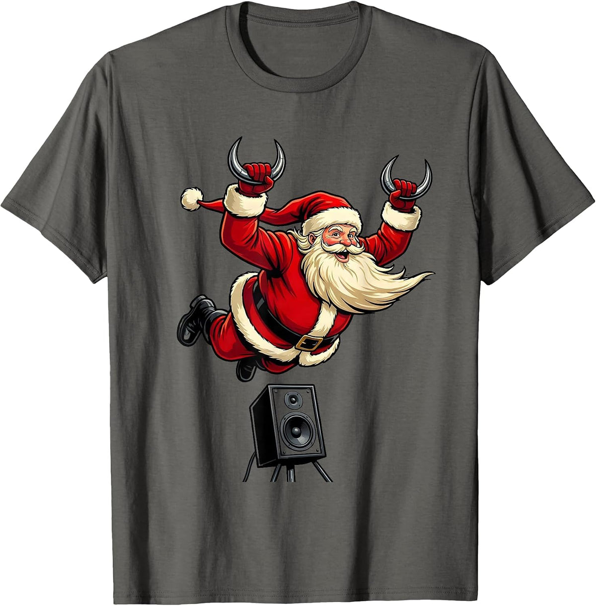Sleigher Heavy Metal Santa Cartoon Rock Fan T-Shirt - Asphalt Grey
