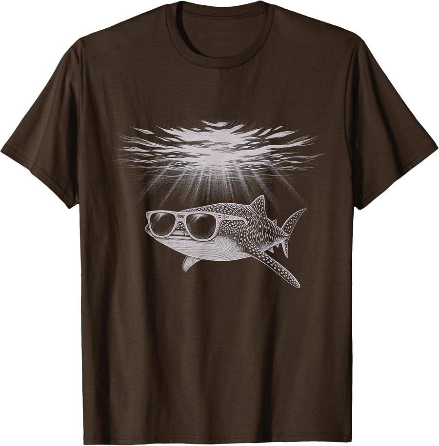 Cool Whale Shark Wearing Sunglasses Drawing Art Design T-Shirt - Brown