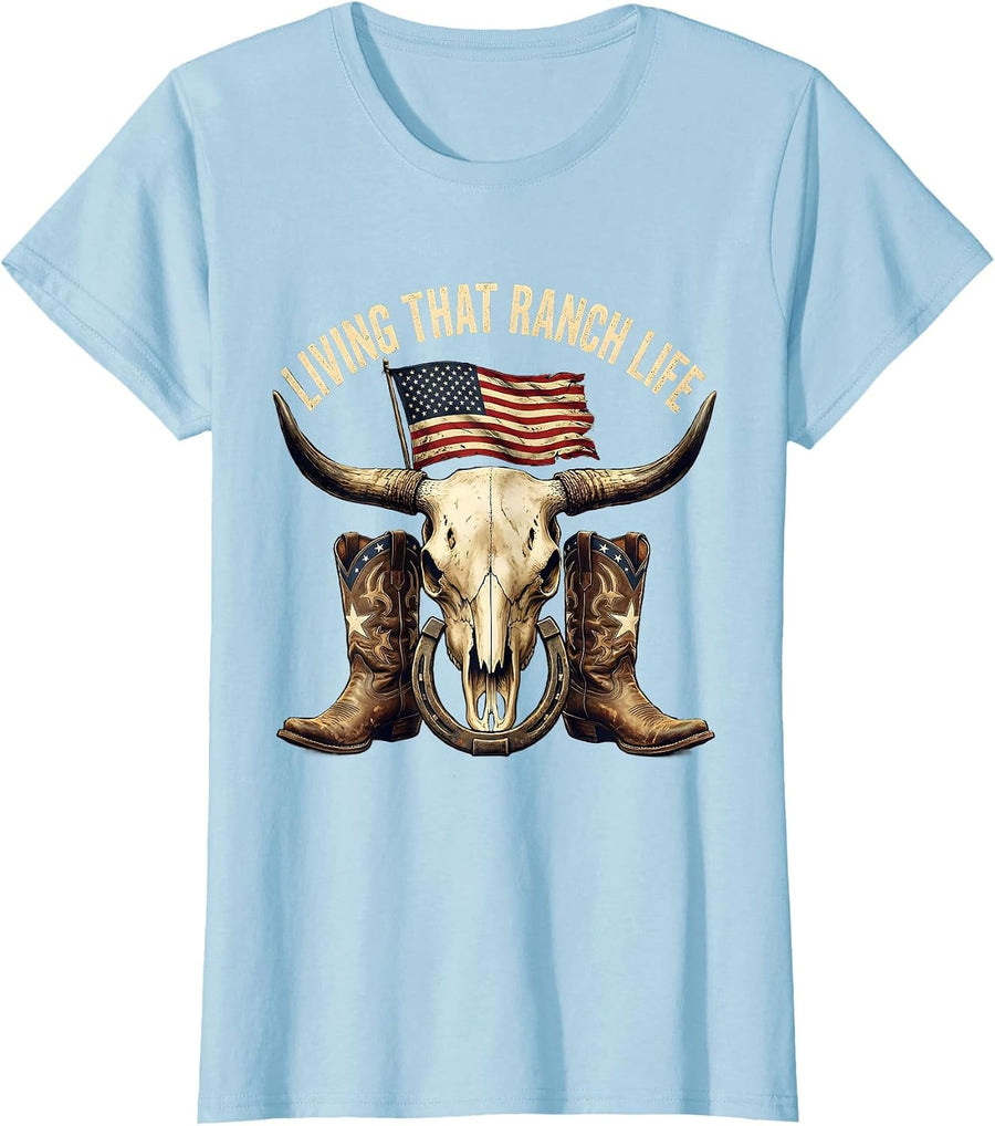 Women's Living That Ranch Life Cowboy Graphic Design T-Shirt - Baby Blue