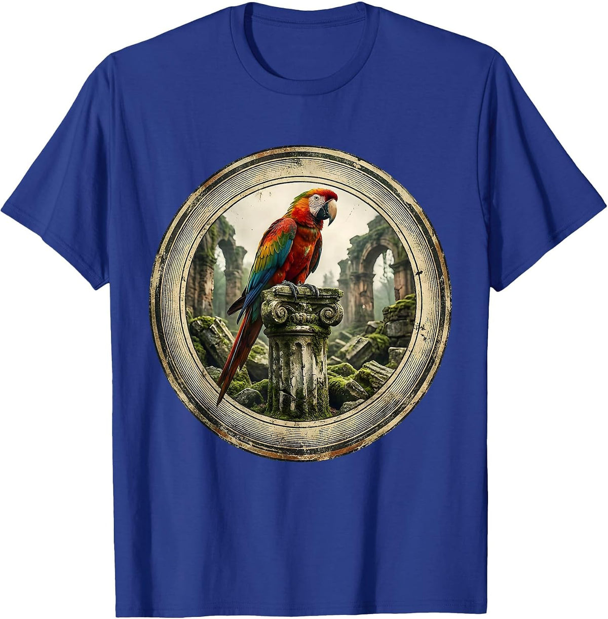 Men's Parakeet on Stone Ruins Graphic Design T-Shirt - Royal Blue