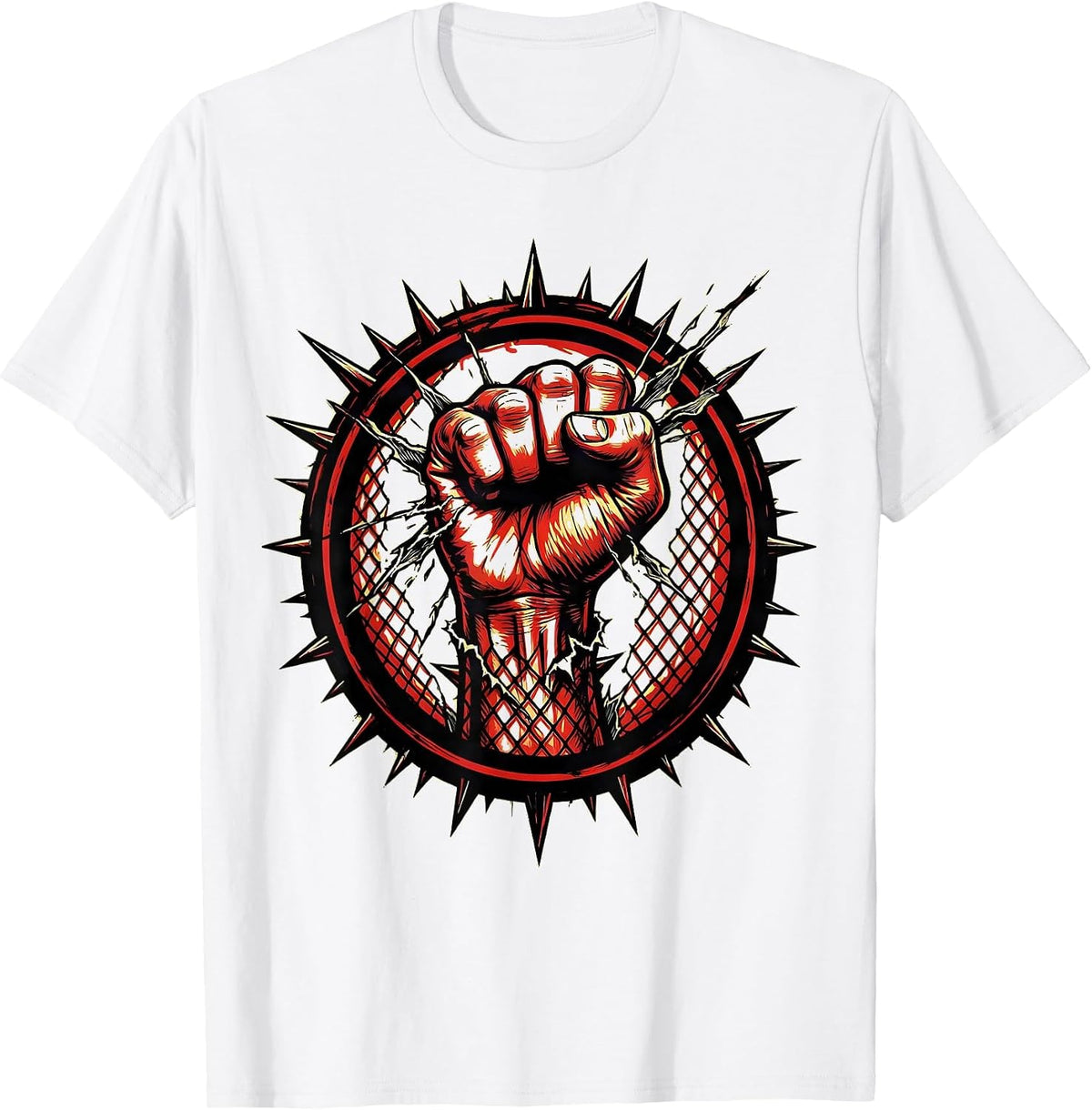 Men's Punk Raised Fist Through Torn Fishnet Graphic T-Shirt - White