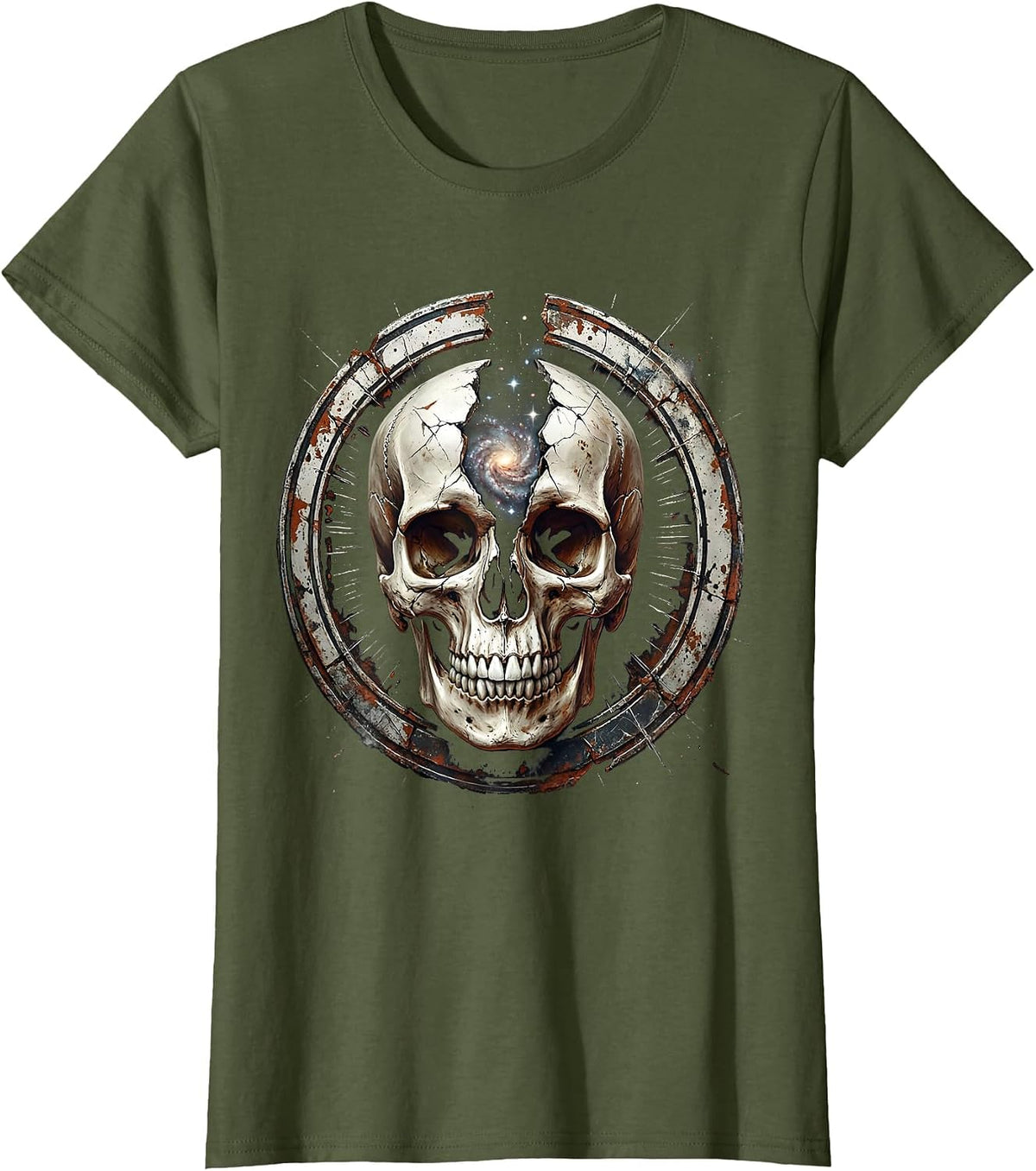 Women's Cosmic Skull Galaxy Universe Split Open Design T-Shirt - Olive Green