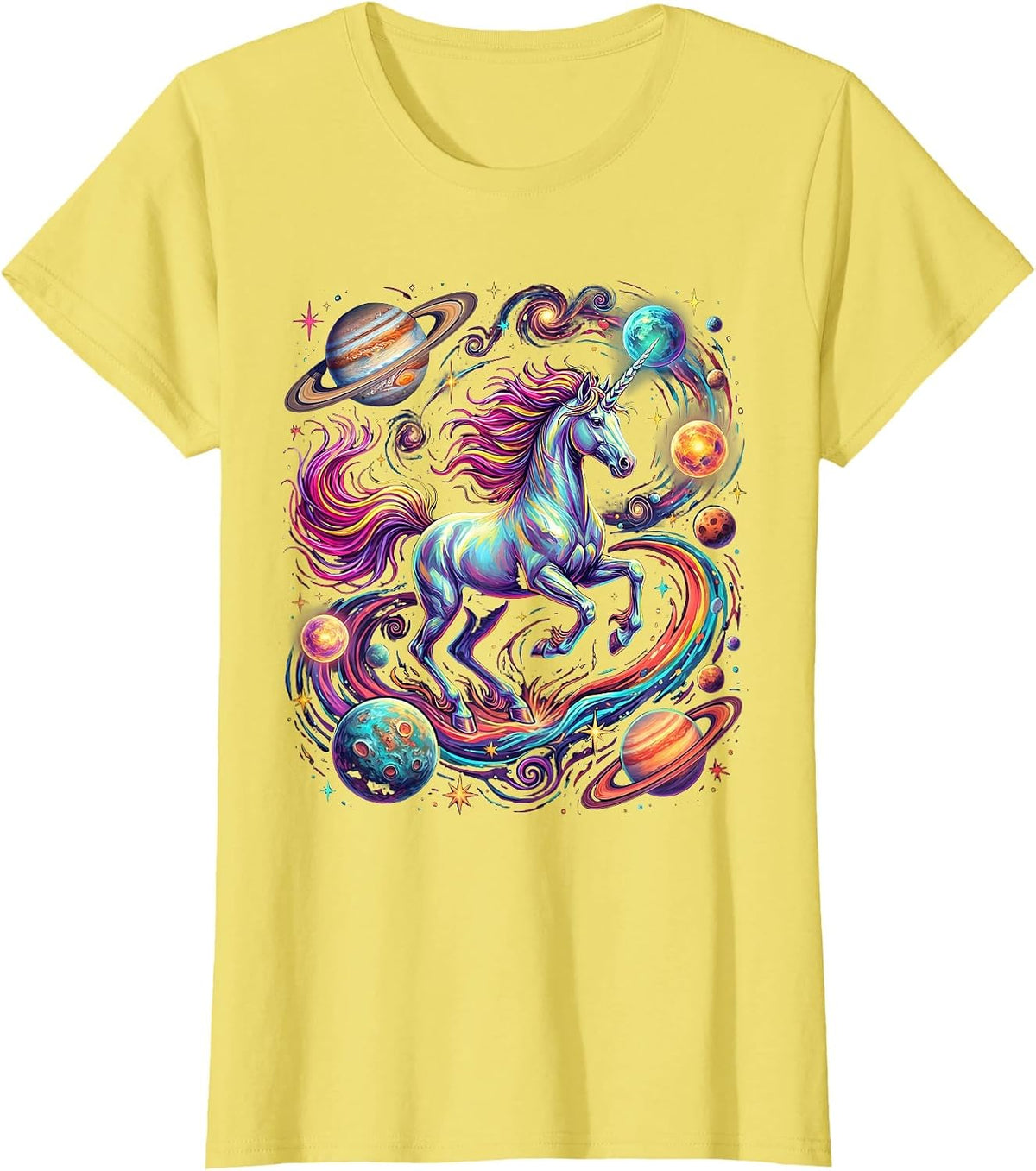 Women's Unicorn Floating in Outer Space With Planets T-Shirt - Lemon Yellow