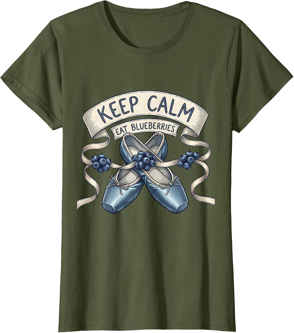 Women's Keep Calm Eat Blueberries Red White and Blue Design T-Shirt - Olive Green