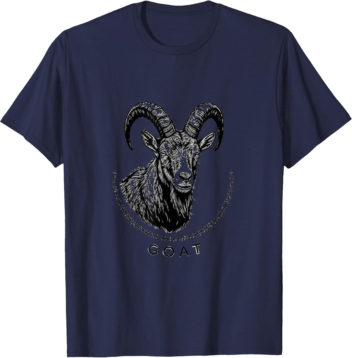 GOAT Minimalist Line Art Animal Badge Patch T-Shirt - Navy Blue