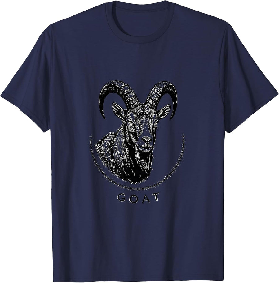 GOAT Minimalist Line Art Animal Badge Patch T-Shirt - Navy Blue