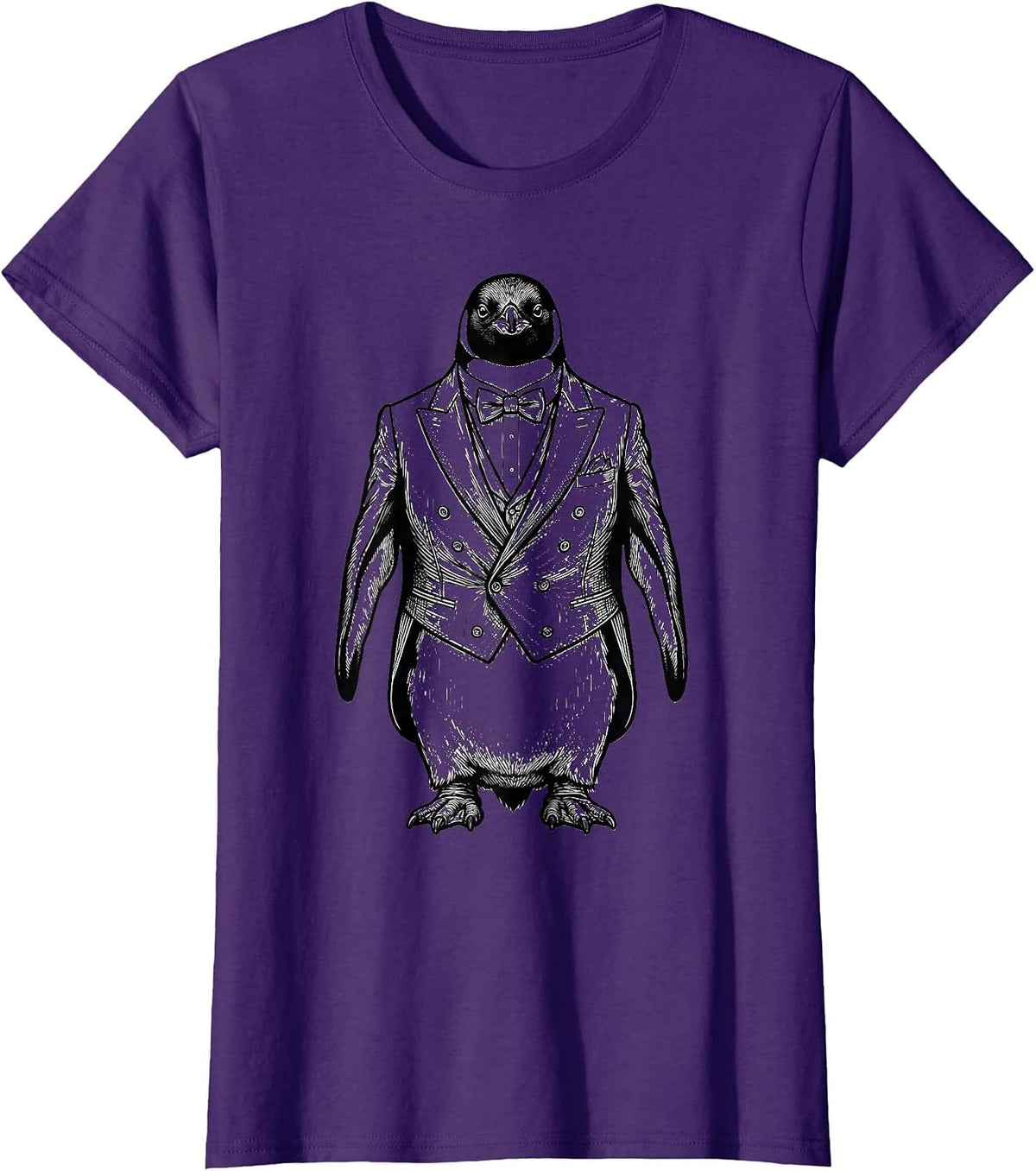 Women's Dapper Penguin in Elegant Black Tuxedo T-Shirt - Purple
