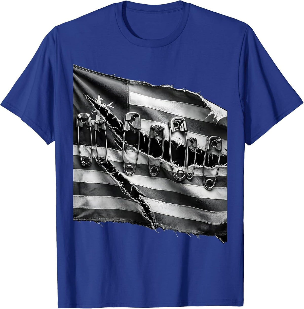 Men's Punk Torn Flag Safety Pin Repair Graphic T-Shirt - Royal Blue