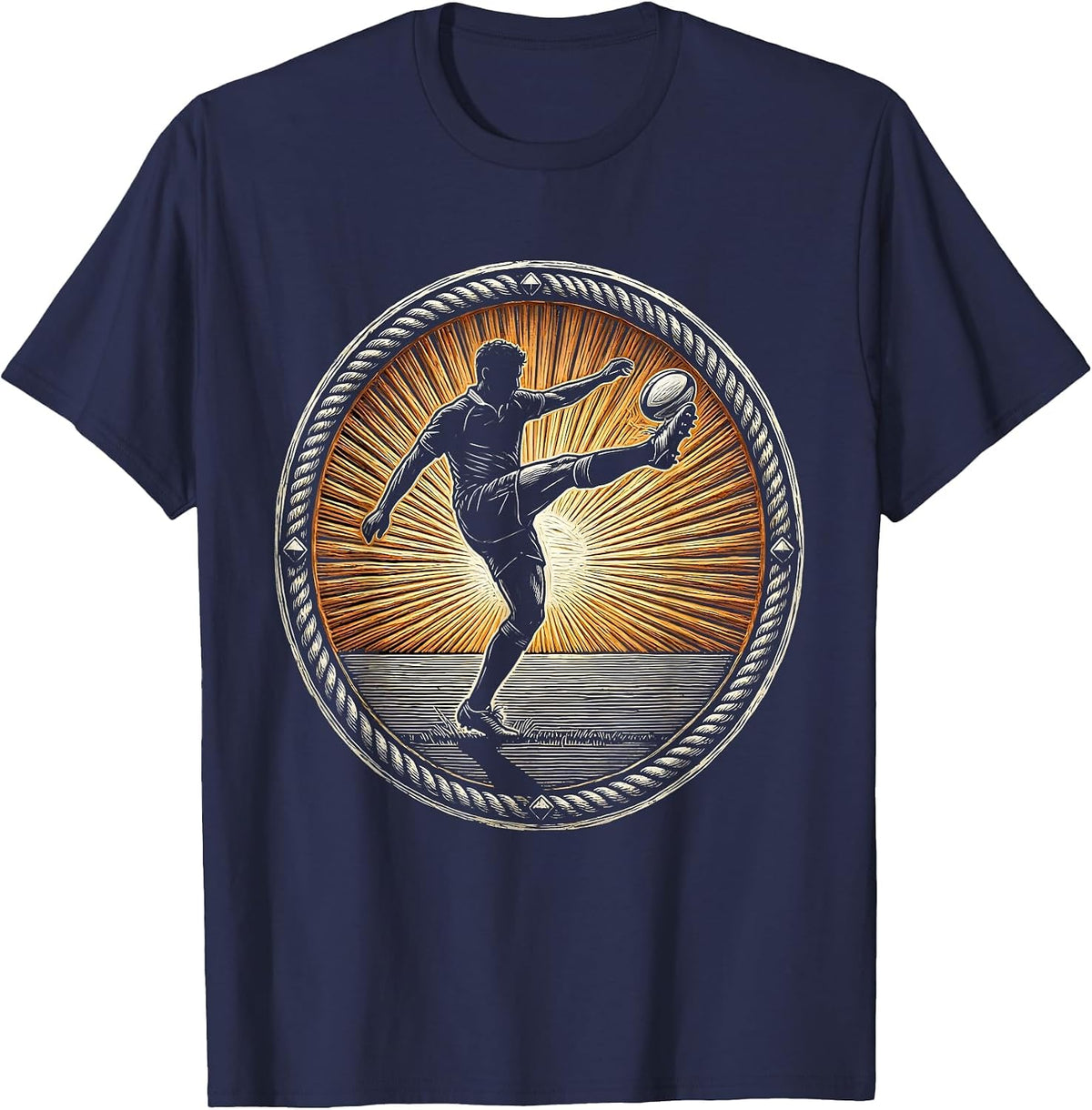 Rugby Player Kicking Ball Sunset Silhouette T-Shirt - Navy Blue