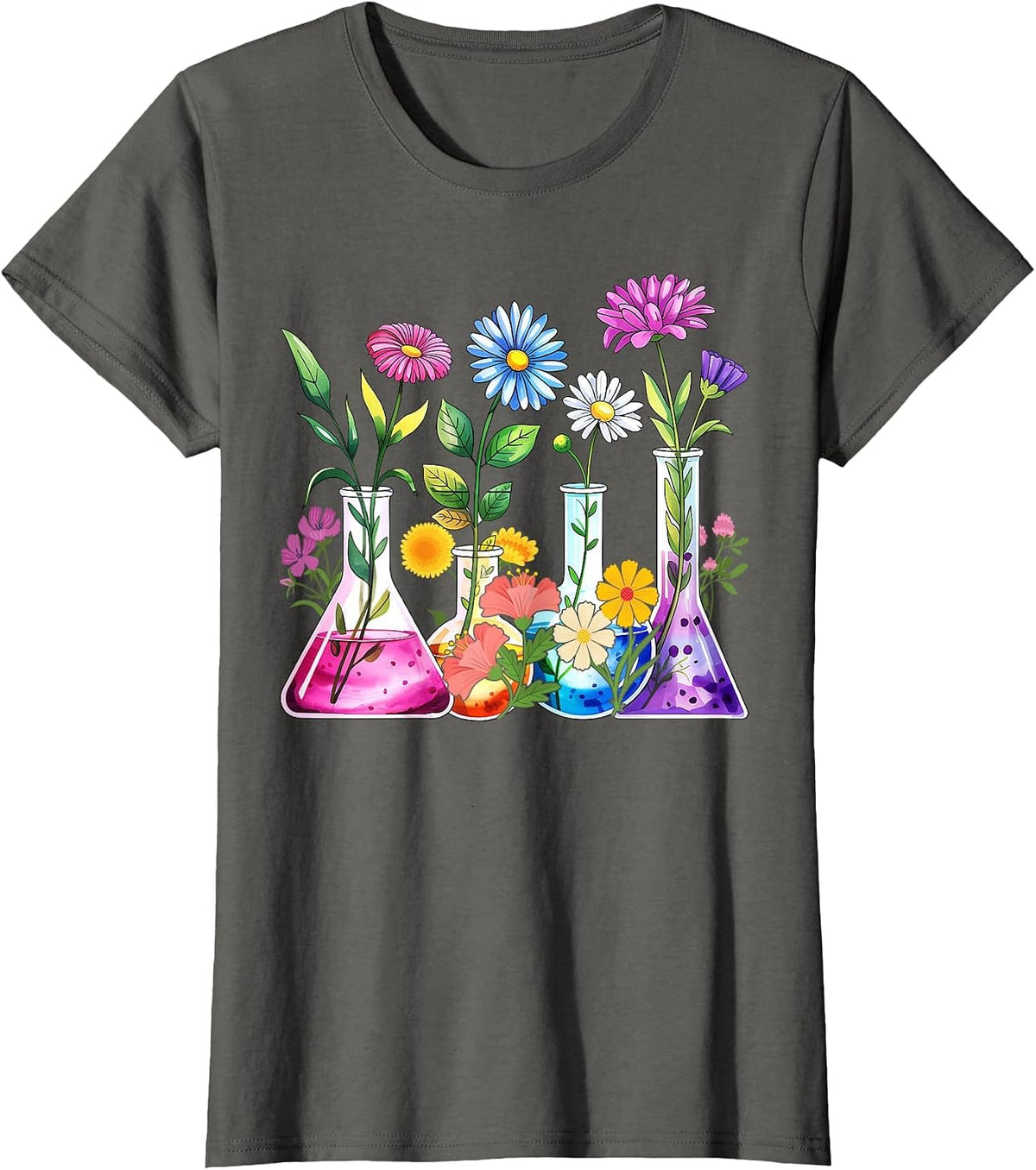 Floral Beakers Laboratory Chemistry Lab Scientist Lab Tech T-Shirt - Asphalt Grey