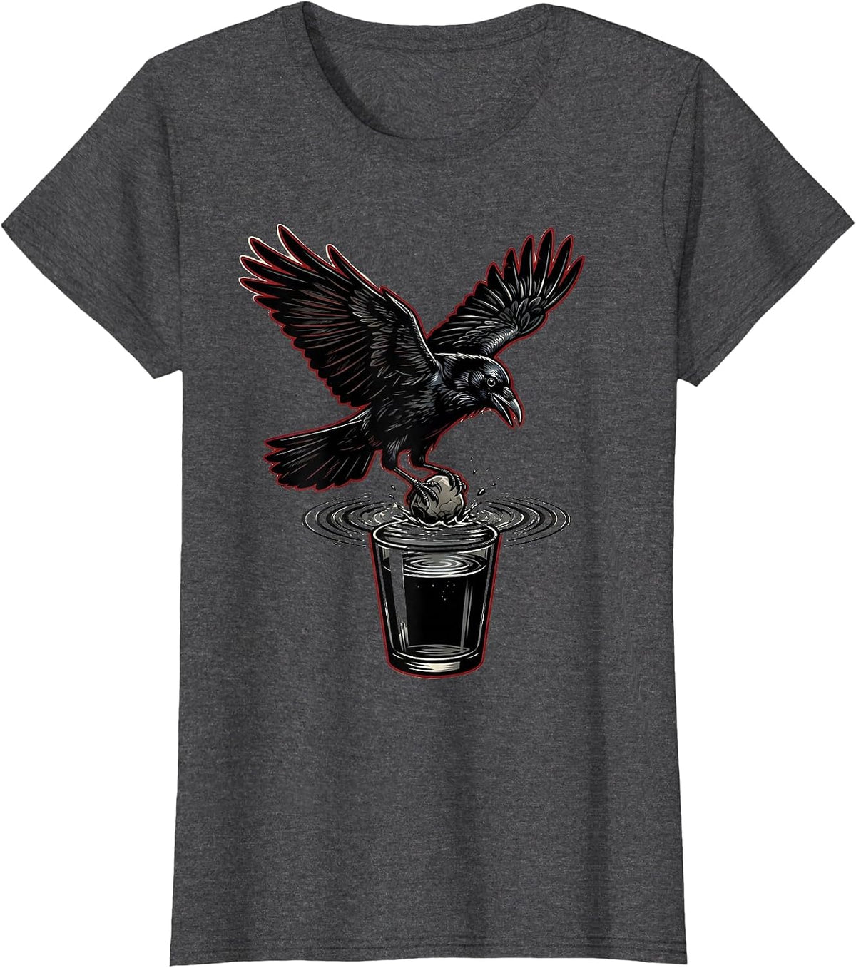 Women's Clever Crow Dropping Stone Into Water Glass T-Shirt - Dark Heather Grey