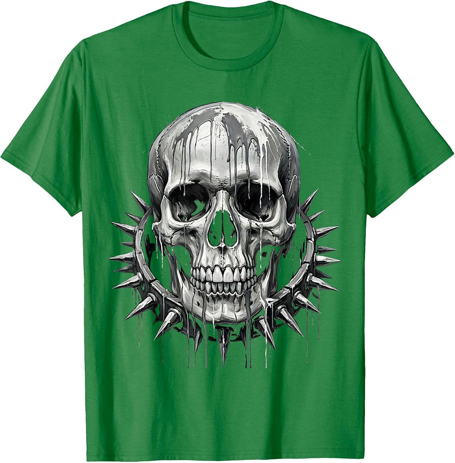 Men's Dripping Paint Skull Spiked Collar Grunge Design T-Shirt - Kelly Green