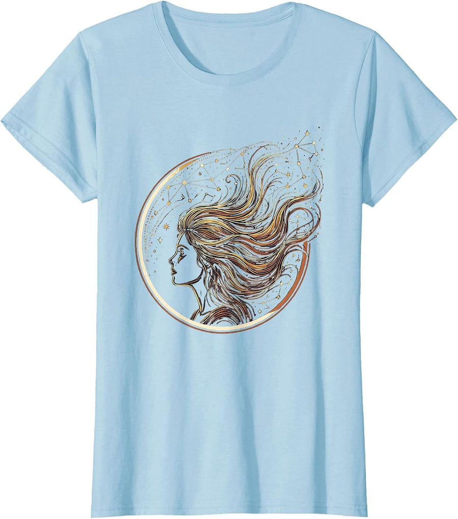 Women's Woman's Hair Flowing Into Constellation Stars T-Shirt - Baby Blue