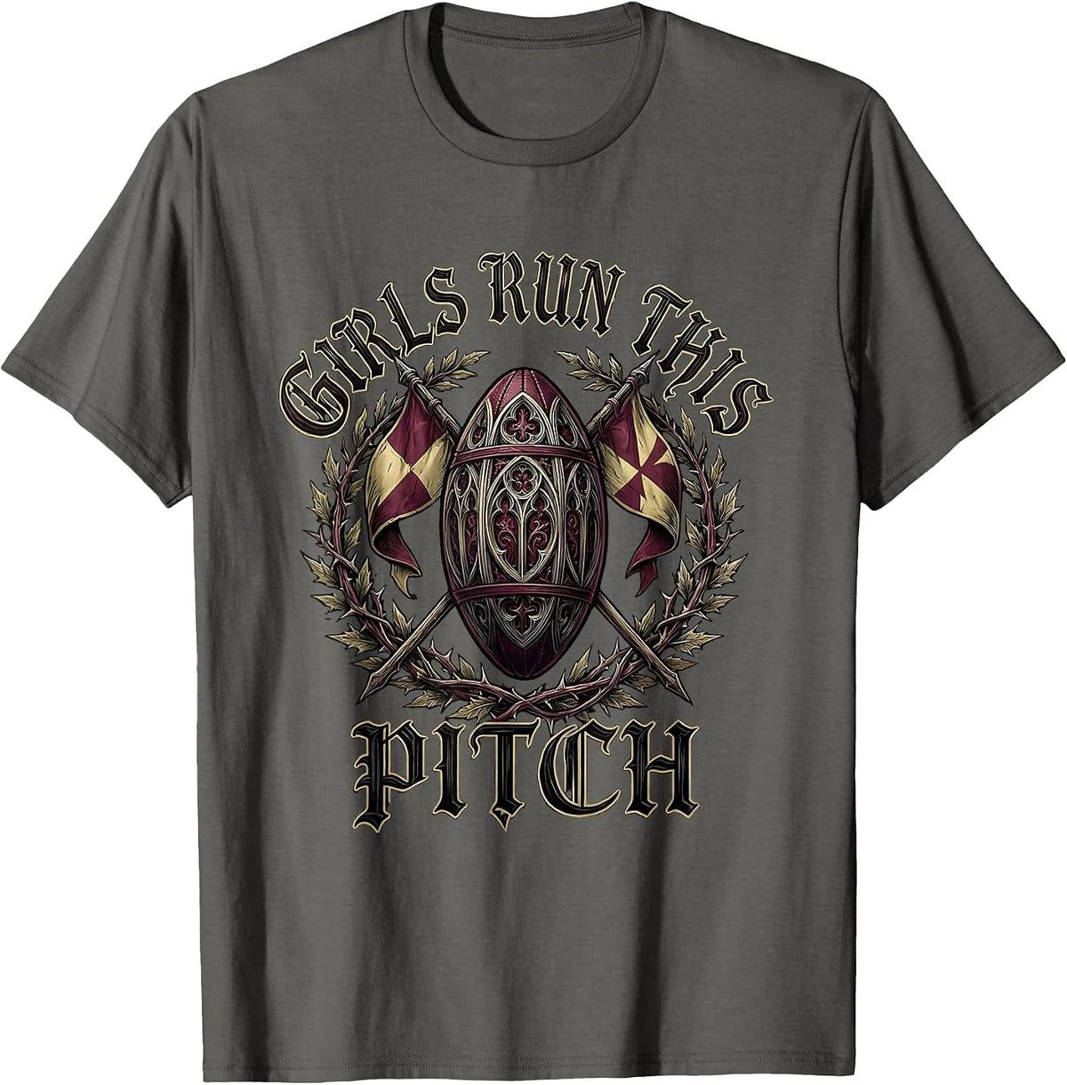 Girls Run This Pitch Rugby Design T-Shirt - Asphalt Grey