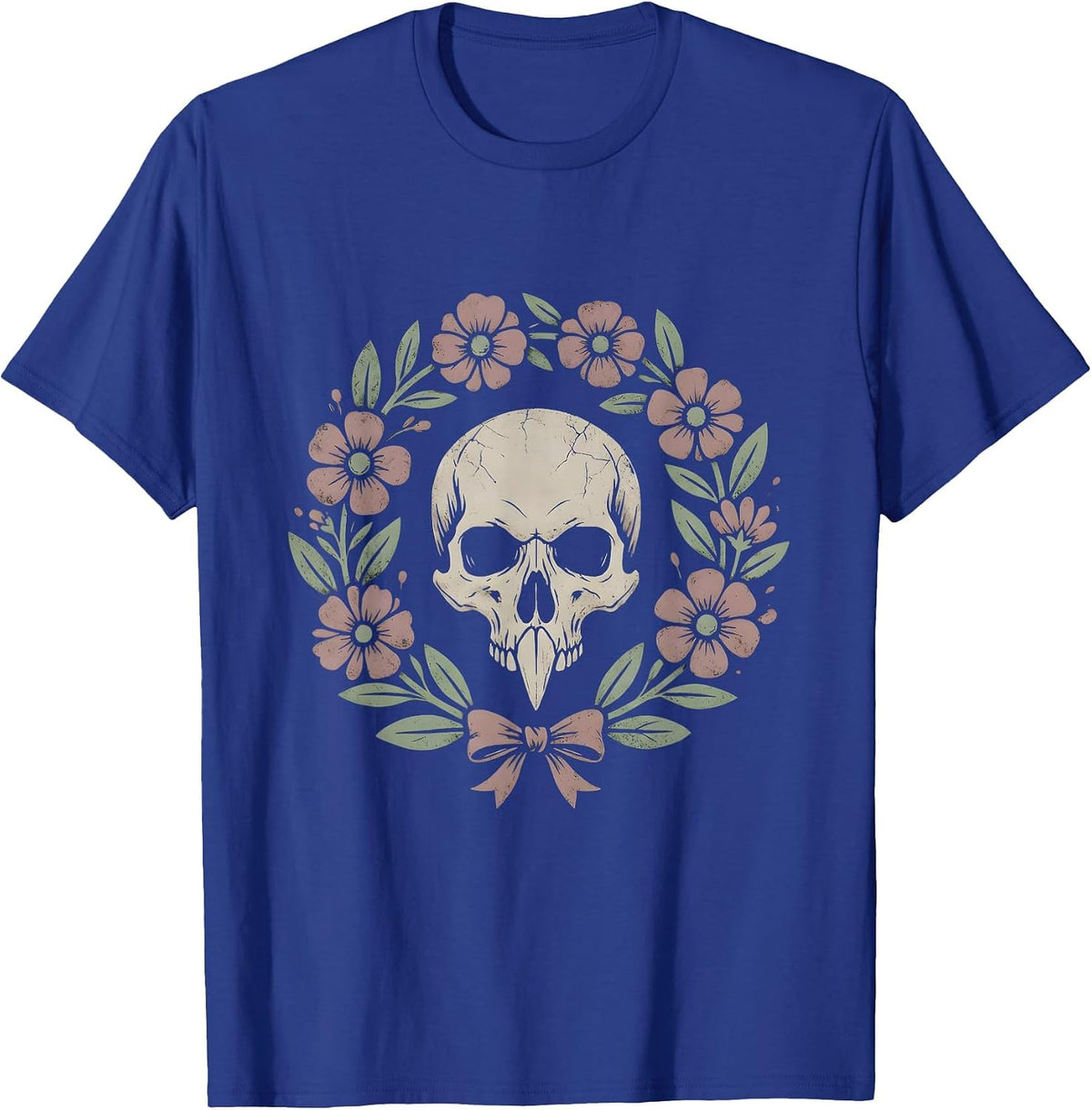 Crow Skull Wildflowers Halloween Gothic Floral Art T-Shirt - Royal Blue