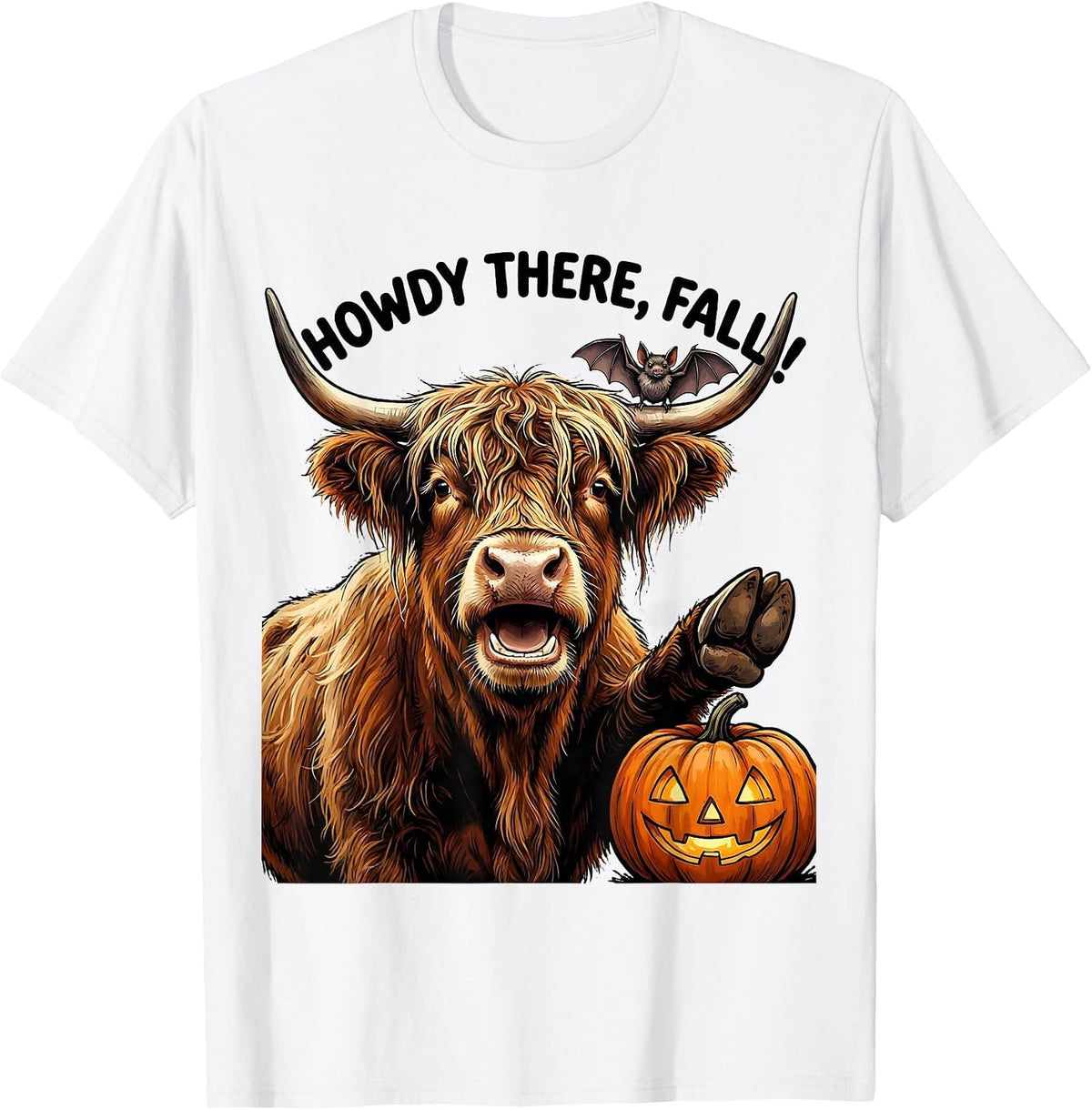 Men's Howdy There, Fall! Whimsical Highland Cow Halloween Pun T-Shirt - White