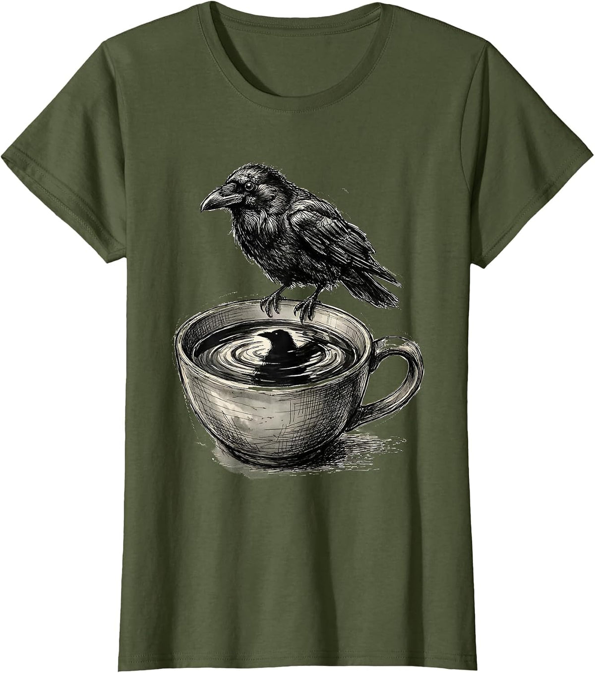 Women's Crow Reflection Dark Coffee Surface Illustration T-Shirt - Olive Green