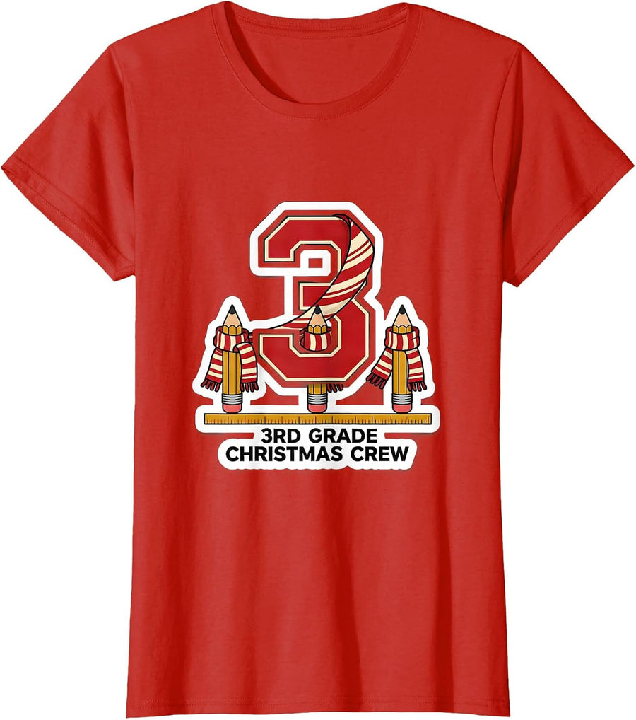 Women's 3rd Grade Christmas Crew Funny Teacher Humor Holiday T-Shirt - Red