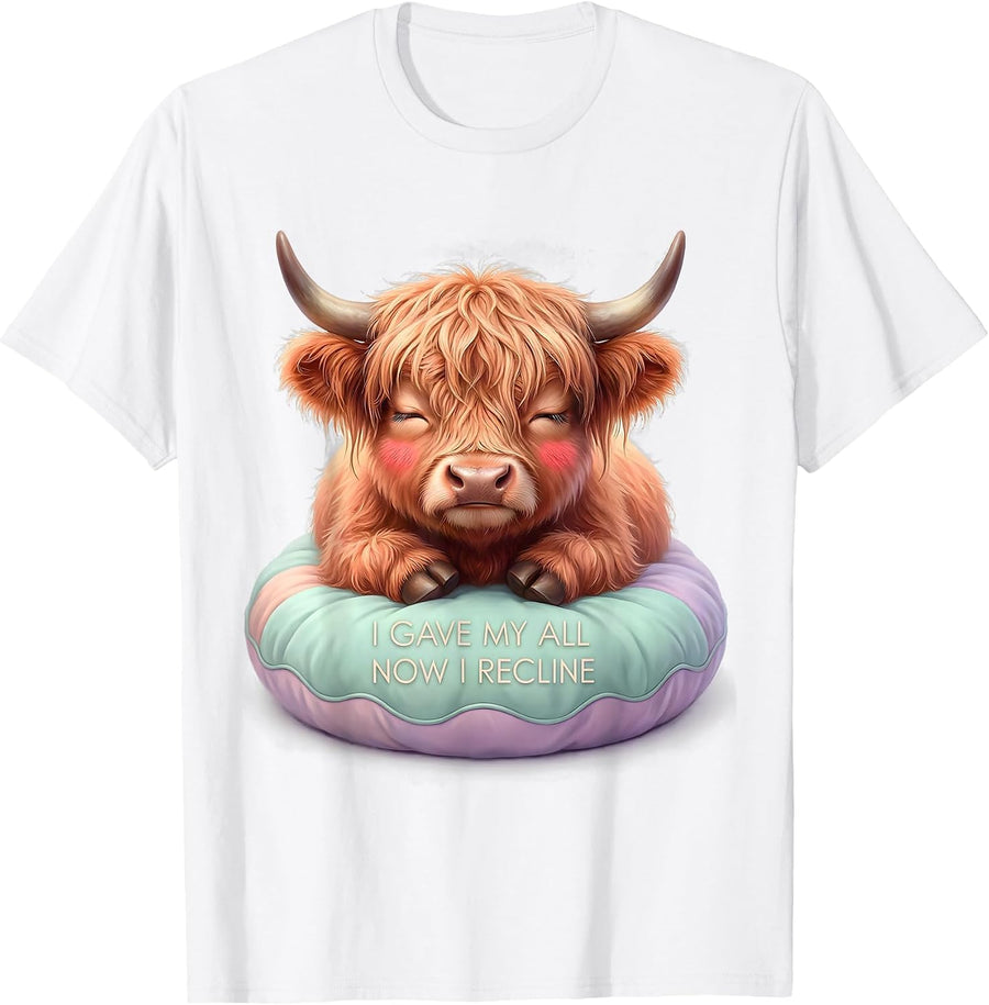 Men's I Gave My All, Now I Recline Cute Kawaii Highland Cow T-Shirt - White