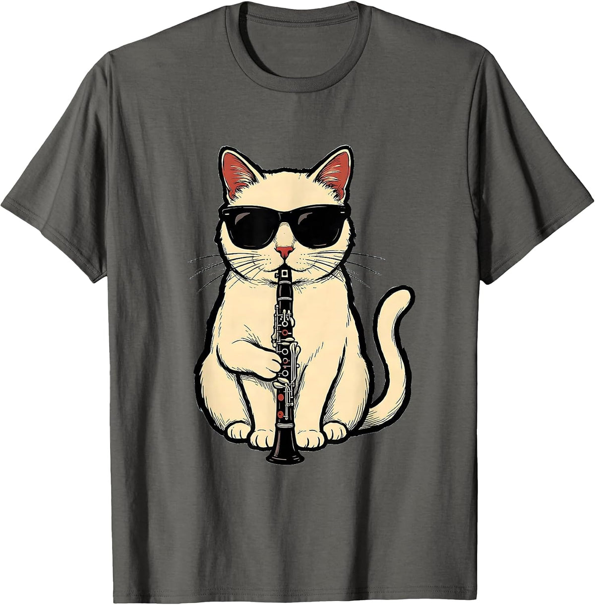 Men's Funny Cat Wearing Sunglasses Playing Clarinet Musician T-Shirt - Asphalt Grey