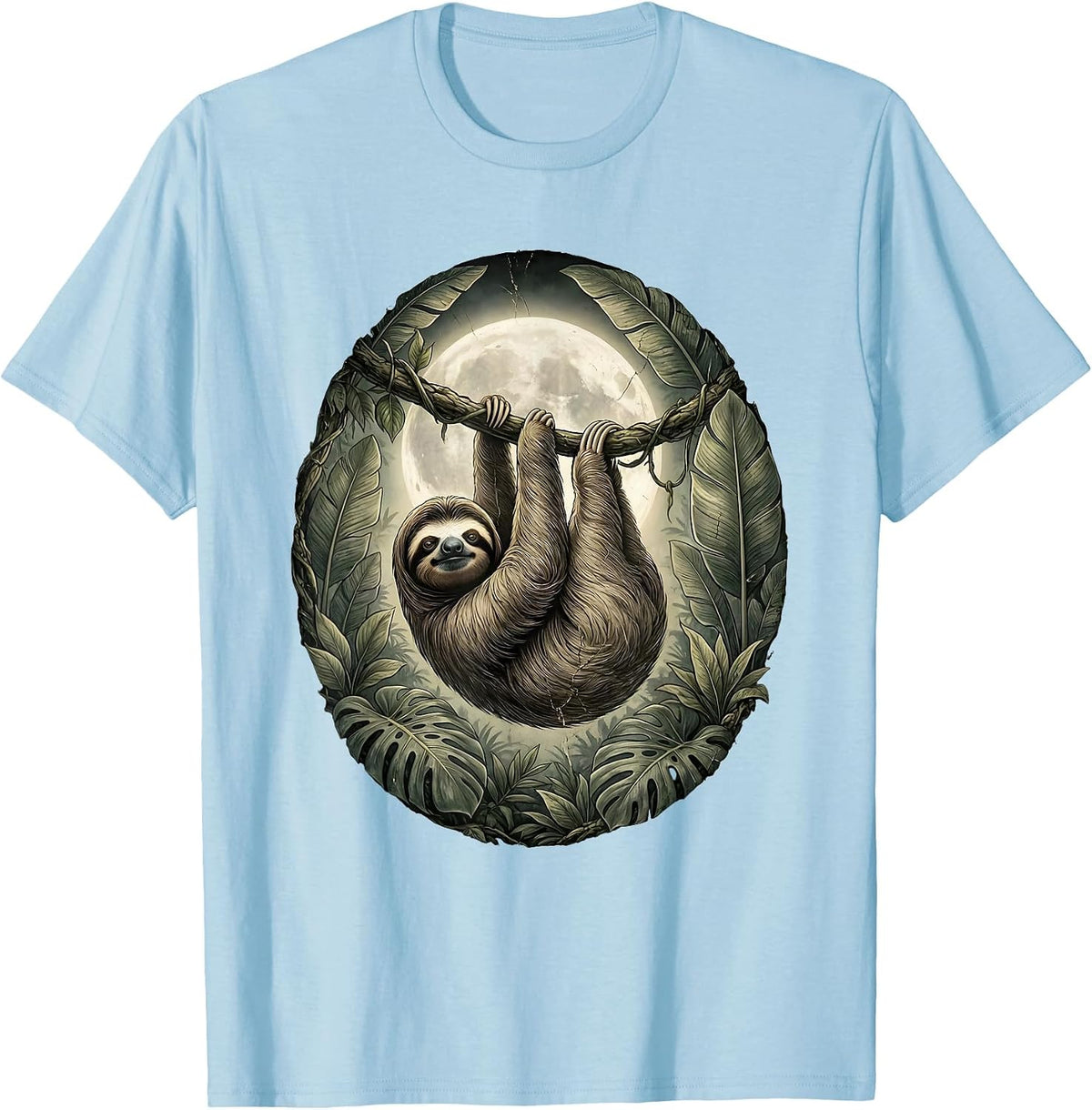 Men's Sloth Hanging from Moonlit Jungle Vine T-Shirt - Baby Blue