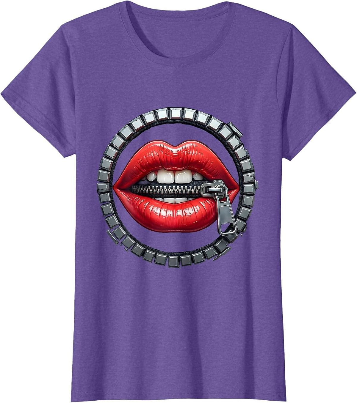 Zipped Mouth Shut Graphic Design T-Shirt - Purple Heather