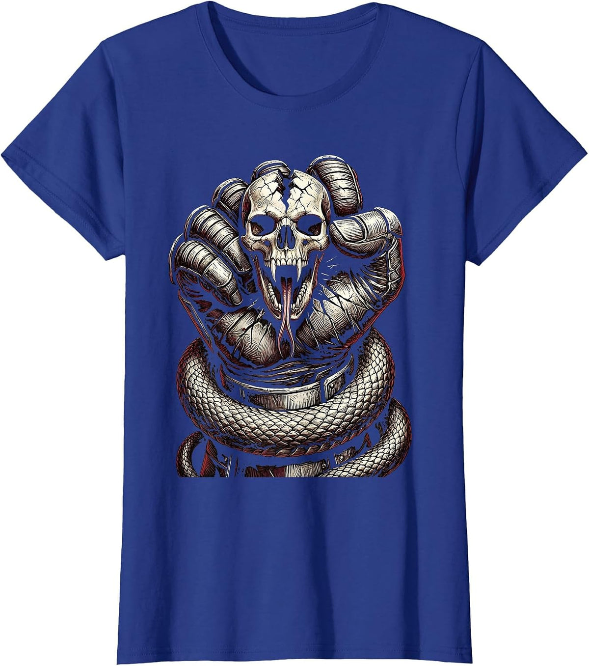 Women's Gloved Fist Crushing Serpent Skull Graphic T-Shirt - Royal Blue