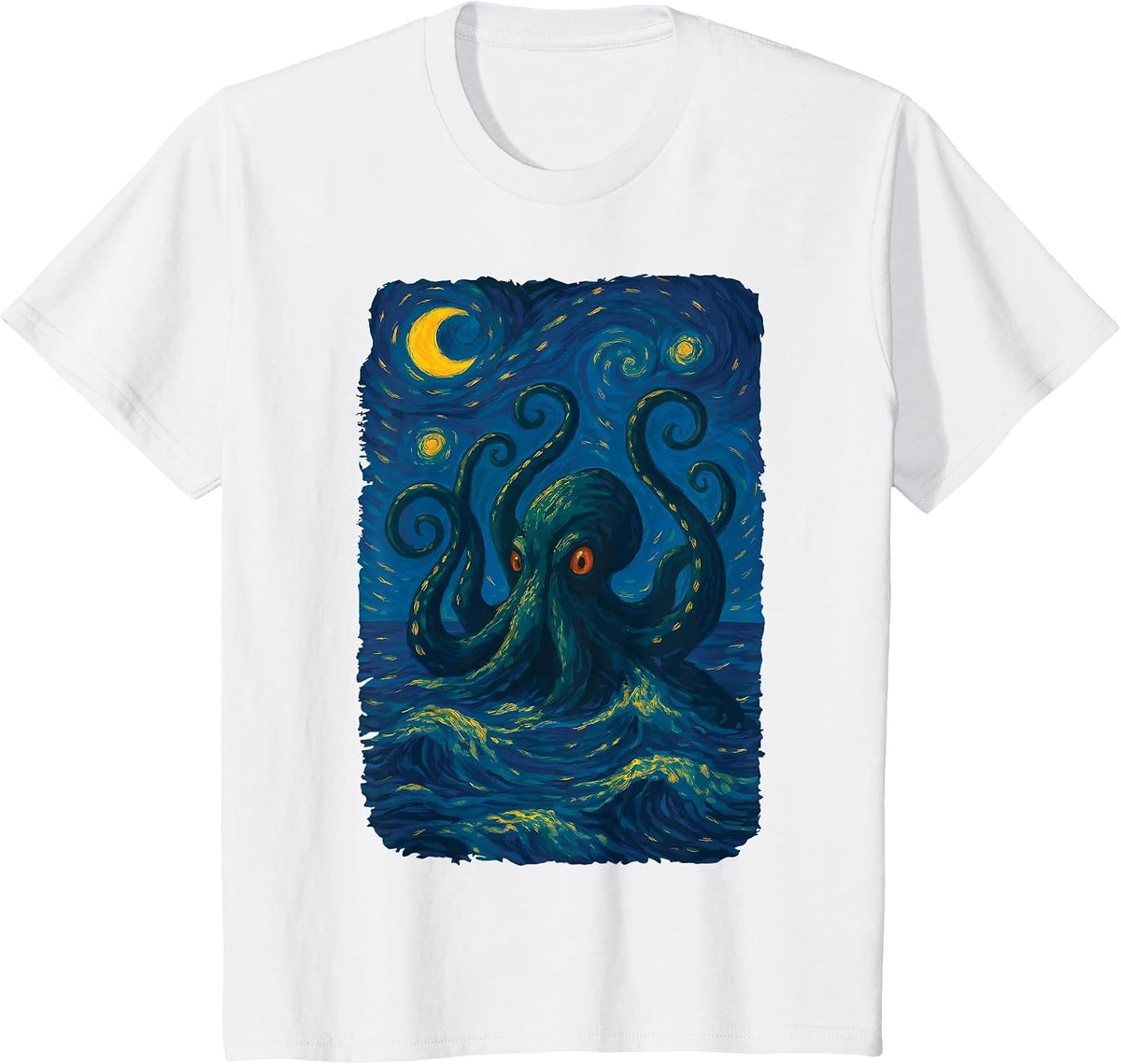 Starry Night Kraken Ocean Art Van Gogh Octopus Sea Monster T-Shirt - White