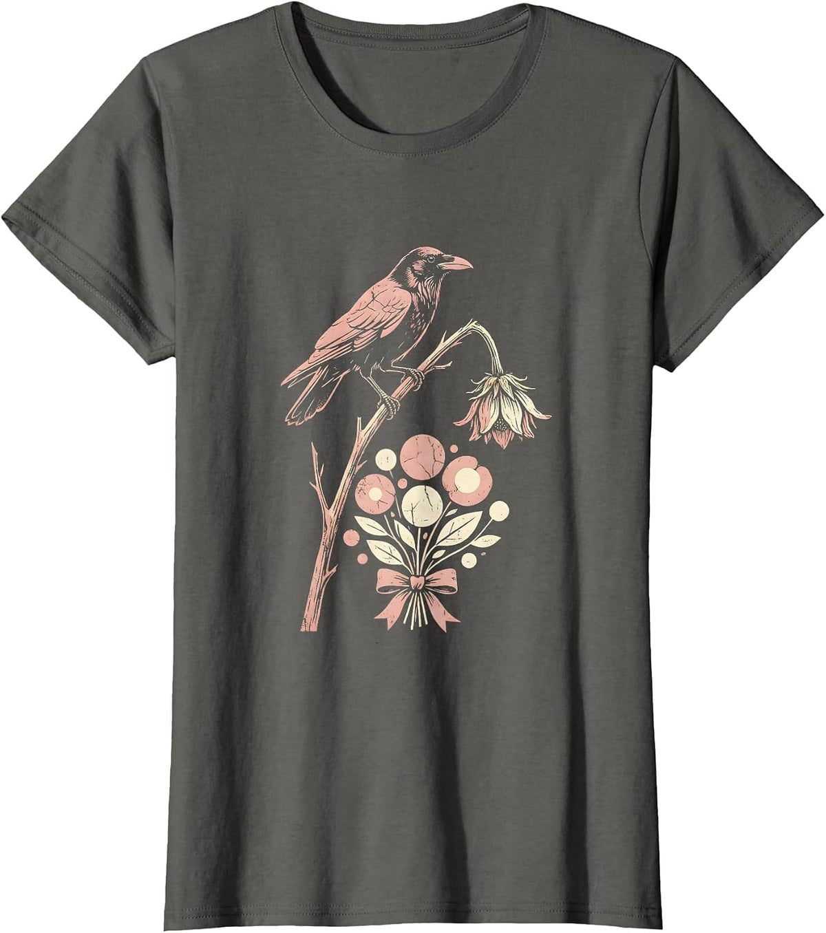Women's Crow on Dead Flower Stem Gothic Nature Art T-Shirt - Asphalt Grey