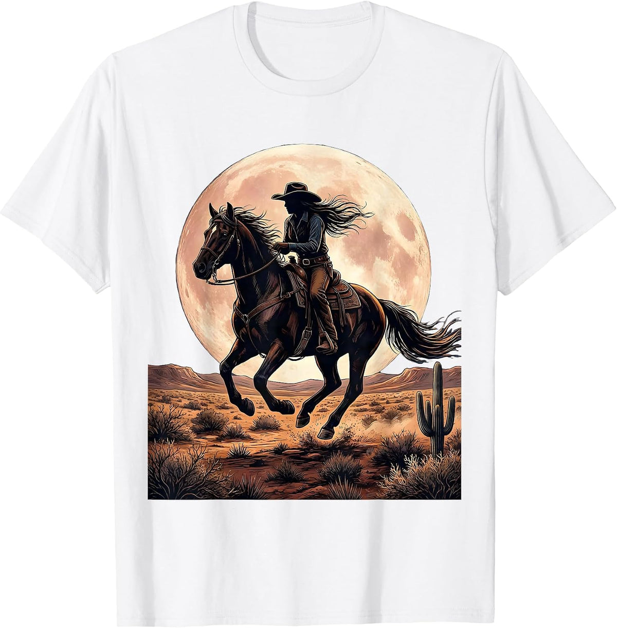 Men's Cowgirl On Horseback Under Full Moon Graphic T-Shirt - White