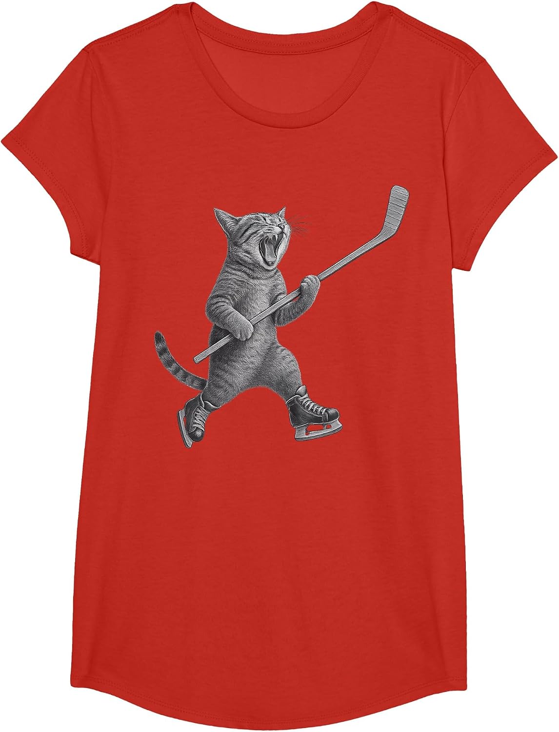 Cat Playing Ice Hockey Stick Funny Skating Cat T-Shirt - Girls Red