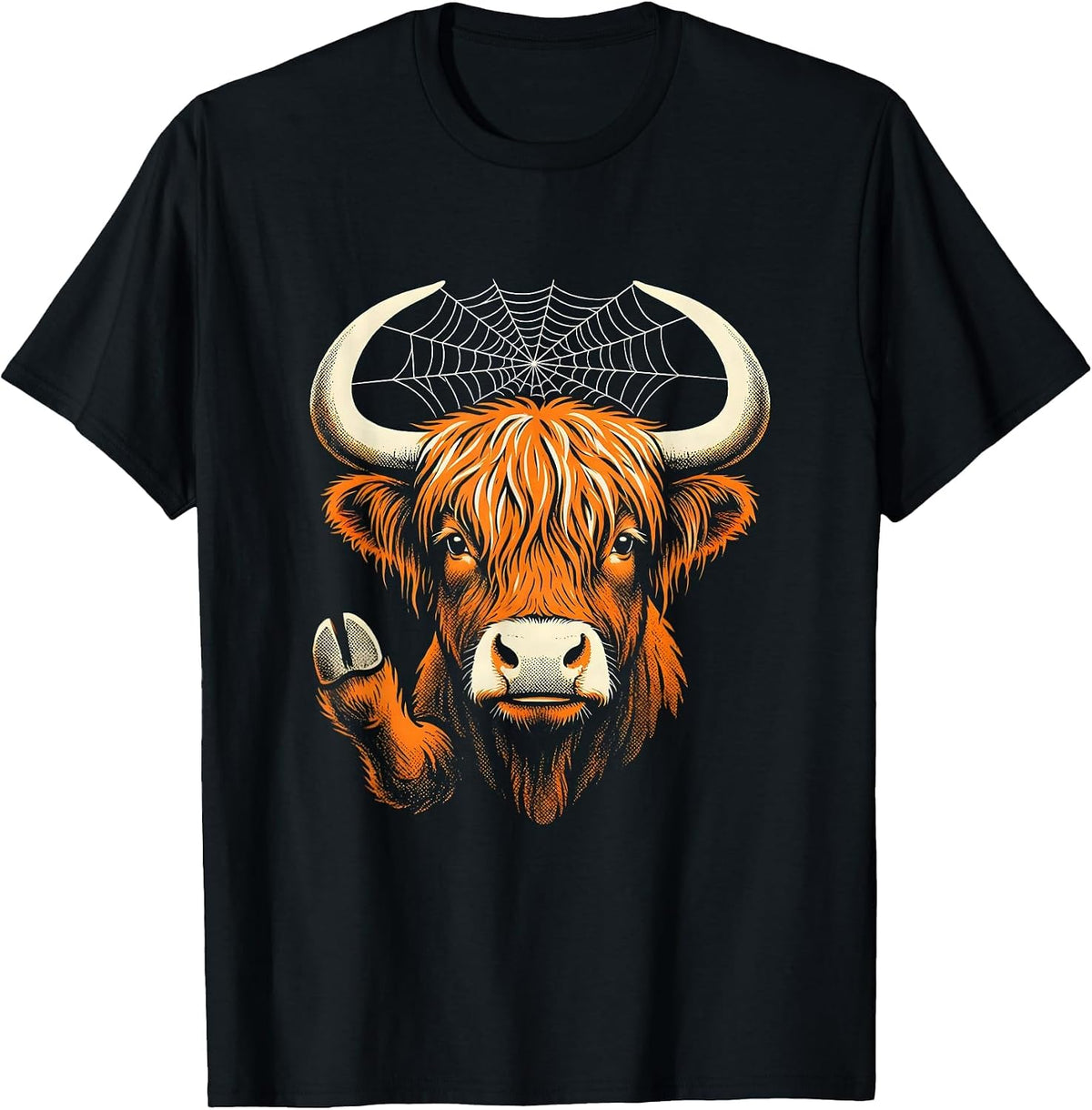 Men's Highland Cow Spiderweb Halloween Fall Family Humor T-Shirt - Black