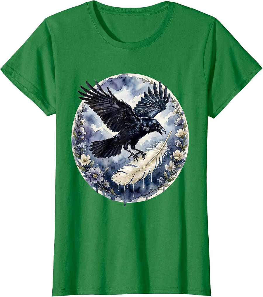 Women's Crow Dropping a White Feather Mid-Flight T-Shirt - Kelly Green