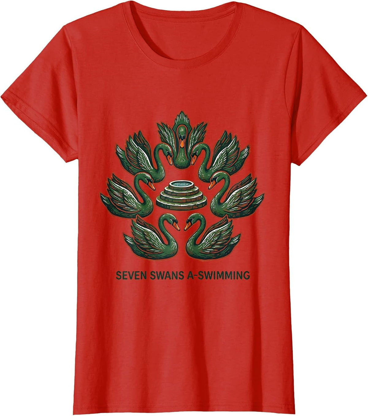 Seven Swans A-Swimming Folk Art Christmas Carol Verse T-Shirt - Red