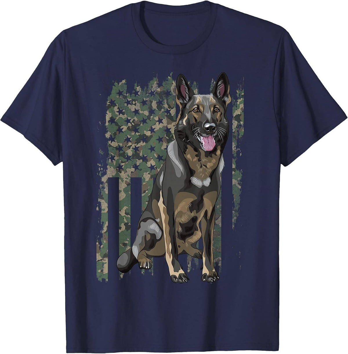 German Shepherd Shirt Patriotic Camouflage American Flag Dog Breed T-Shirt - Navy Blue