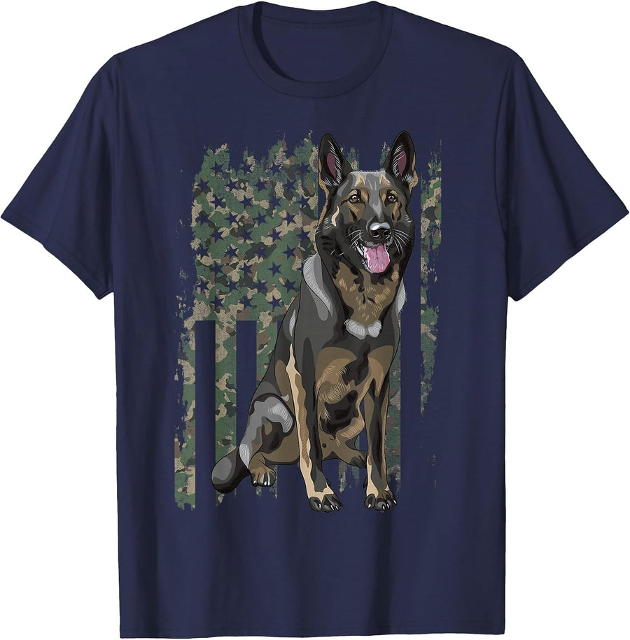 German Shepherd Shirt Patriotic Camouflage American Flag Dog Breed T-Shirt - Navy Blue