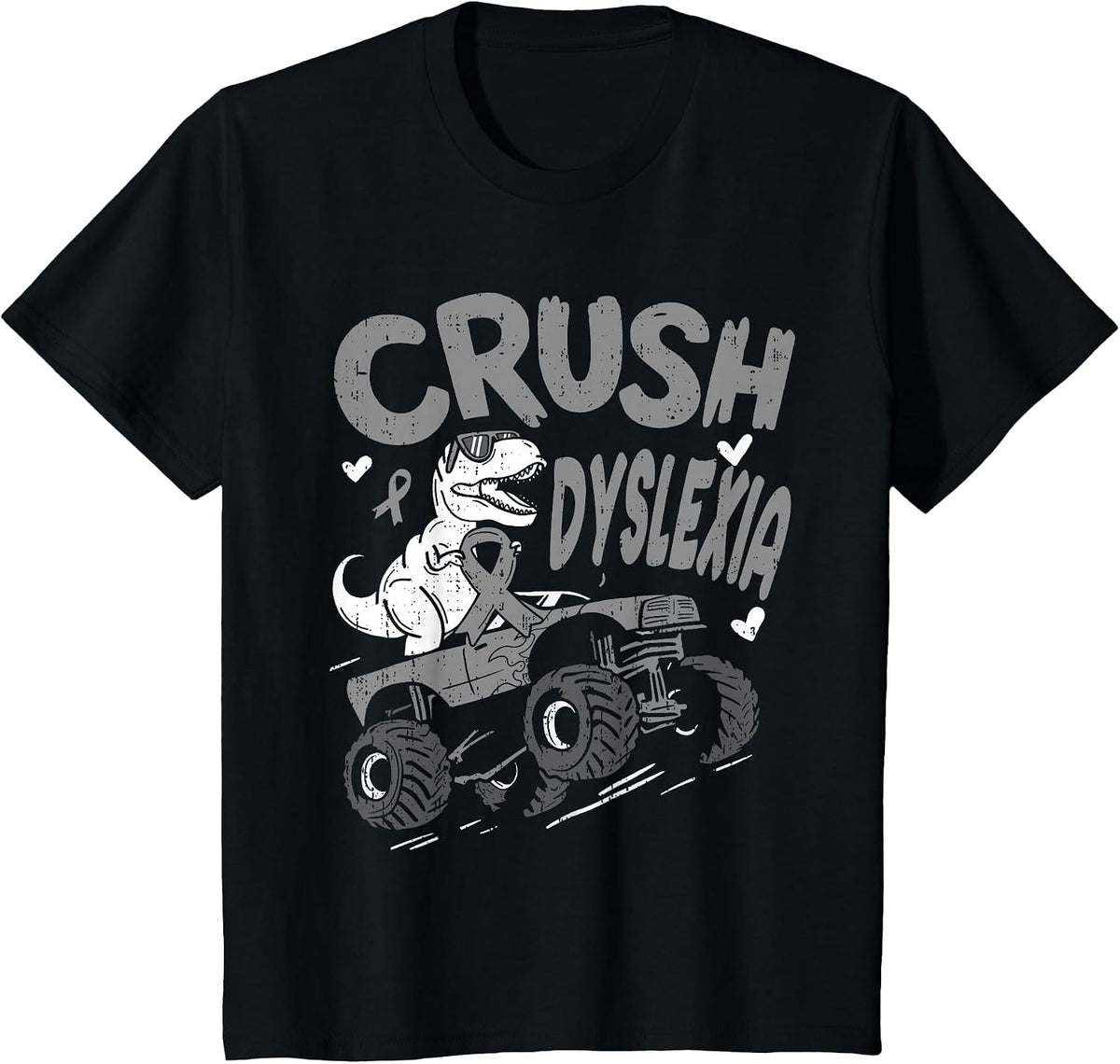 Crush Dyslexia Awareness Dino T Rex Ribbon Silver Boy Kids T-Shirt - Black