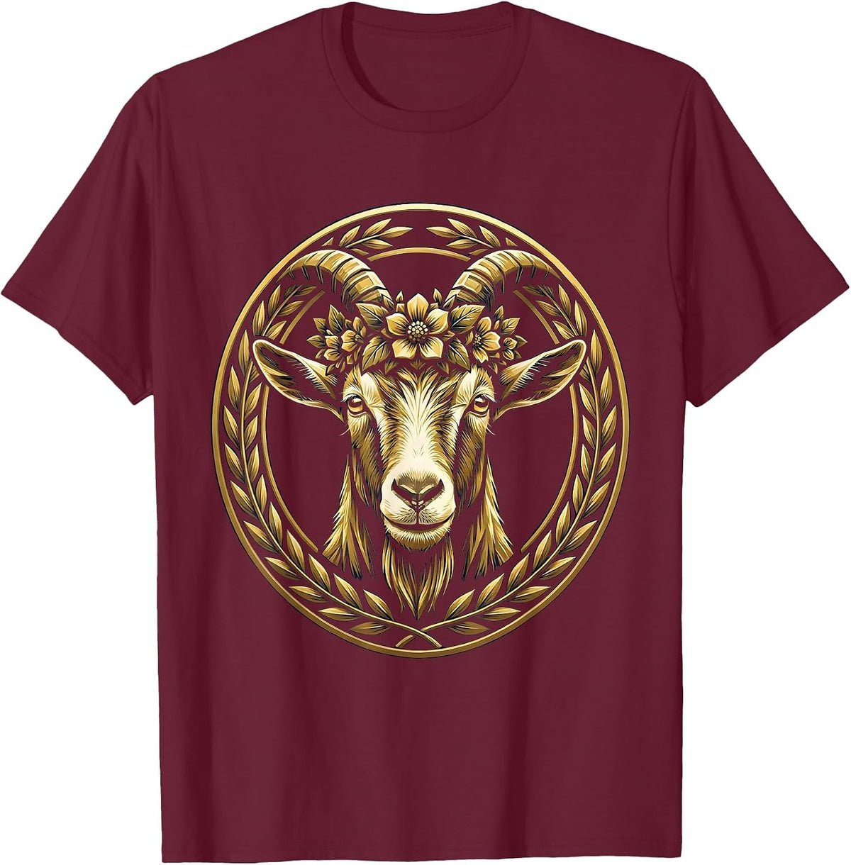 Men's Goat Wearing Flower Crown Cute Nature Art T-Shirt - Burgundy