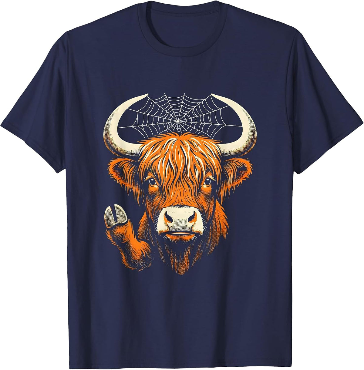 Men's Highland Cow Spiderweb Halloween Fall Family Humor T-Shirt - Navy Blue