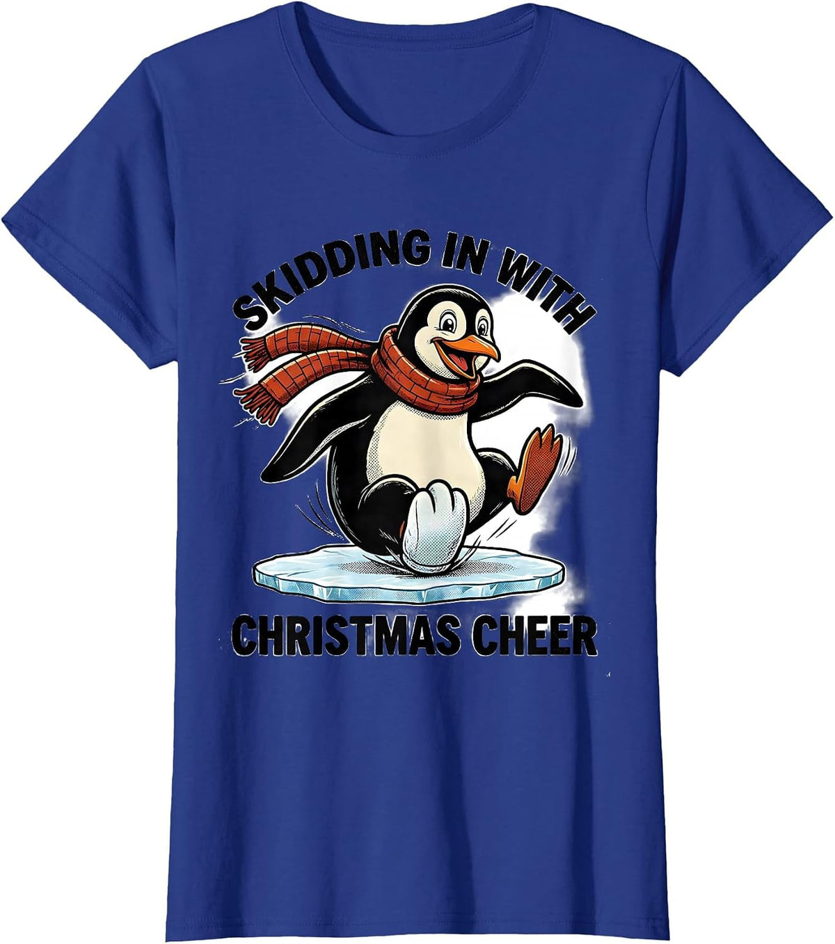 Women's Skidding In With Christmas Cheer Retro Cartoon Penguin Lover T-Shirt - Royal Blue