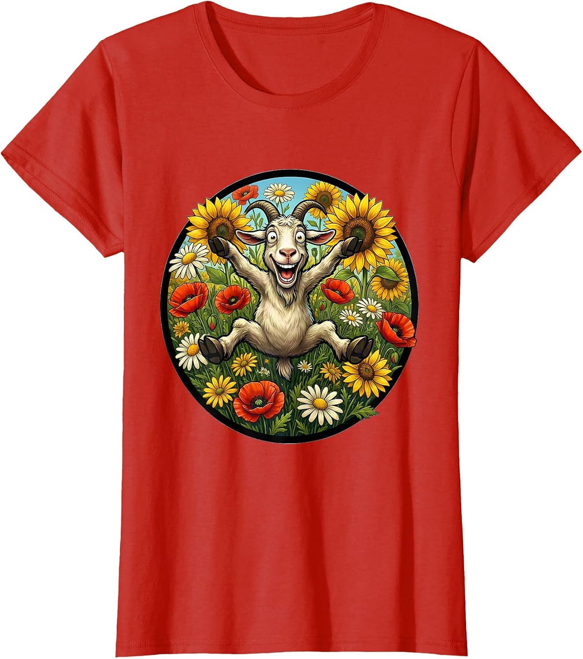 Leaping Goat Wildflower Burst Graphic T-Shirt - Red