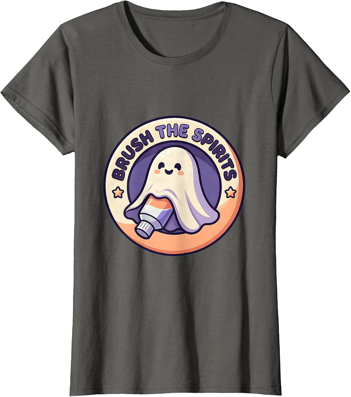 Women's Brush the Spirits Cute Kawaii Halloween Dentist Dental Pun T-Shirt - Asphalt Grey