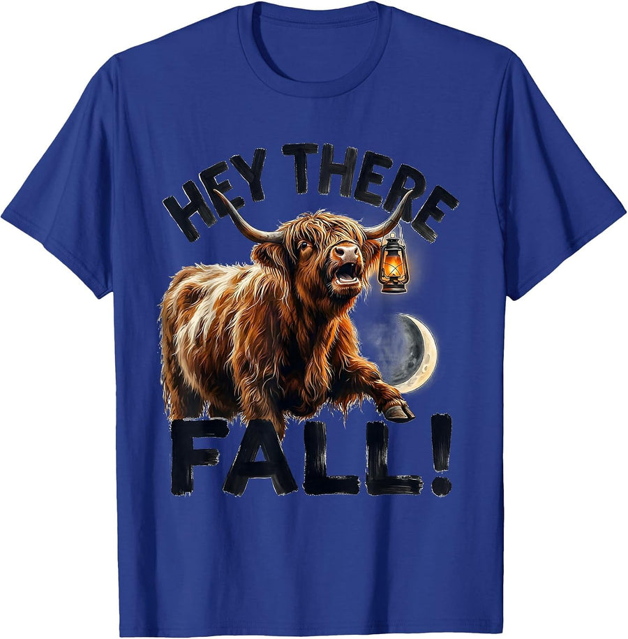 Hey There, Fall! Whimsical Highland Cow Fall Halloween Humor T-Shirt - Royal Blue