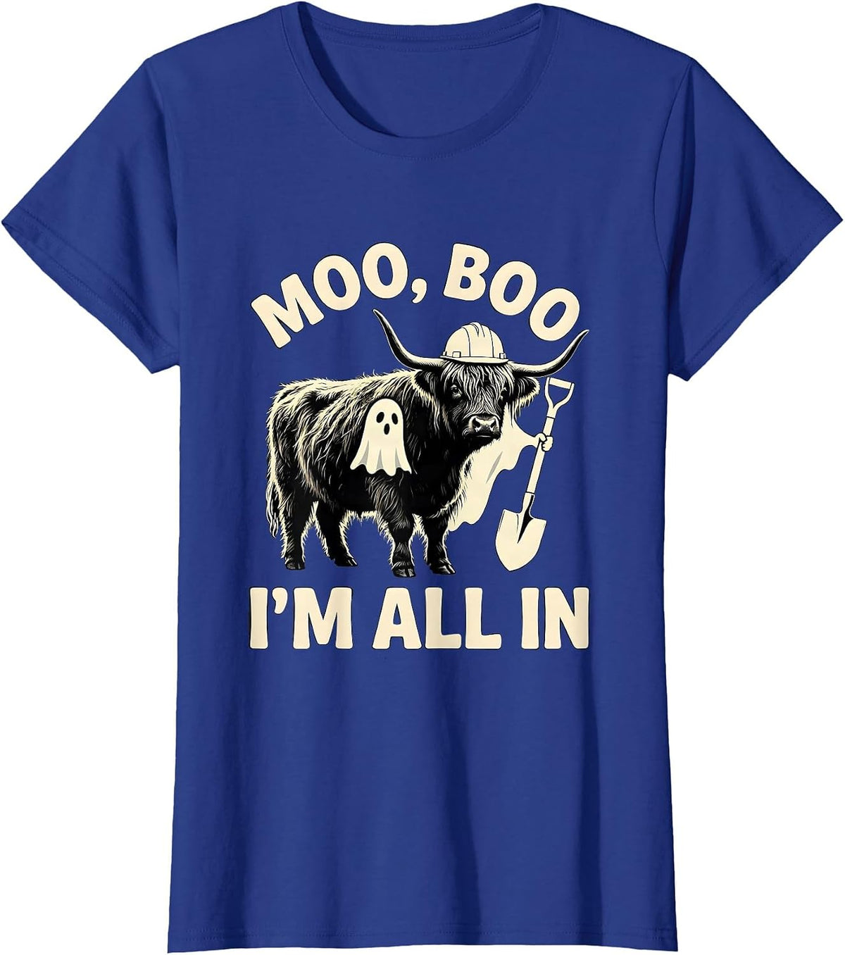 Women's Moo, Boo, I'm All In Funny Highland Cow Ghost Costume T-Shirt - Royal Blue