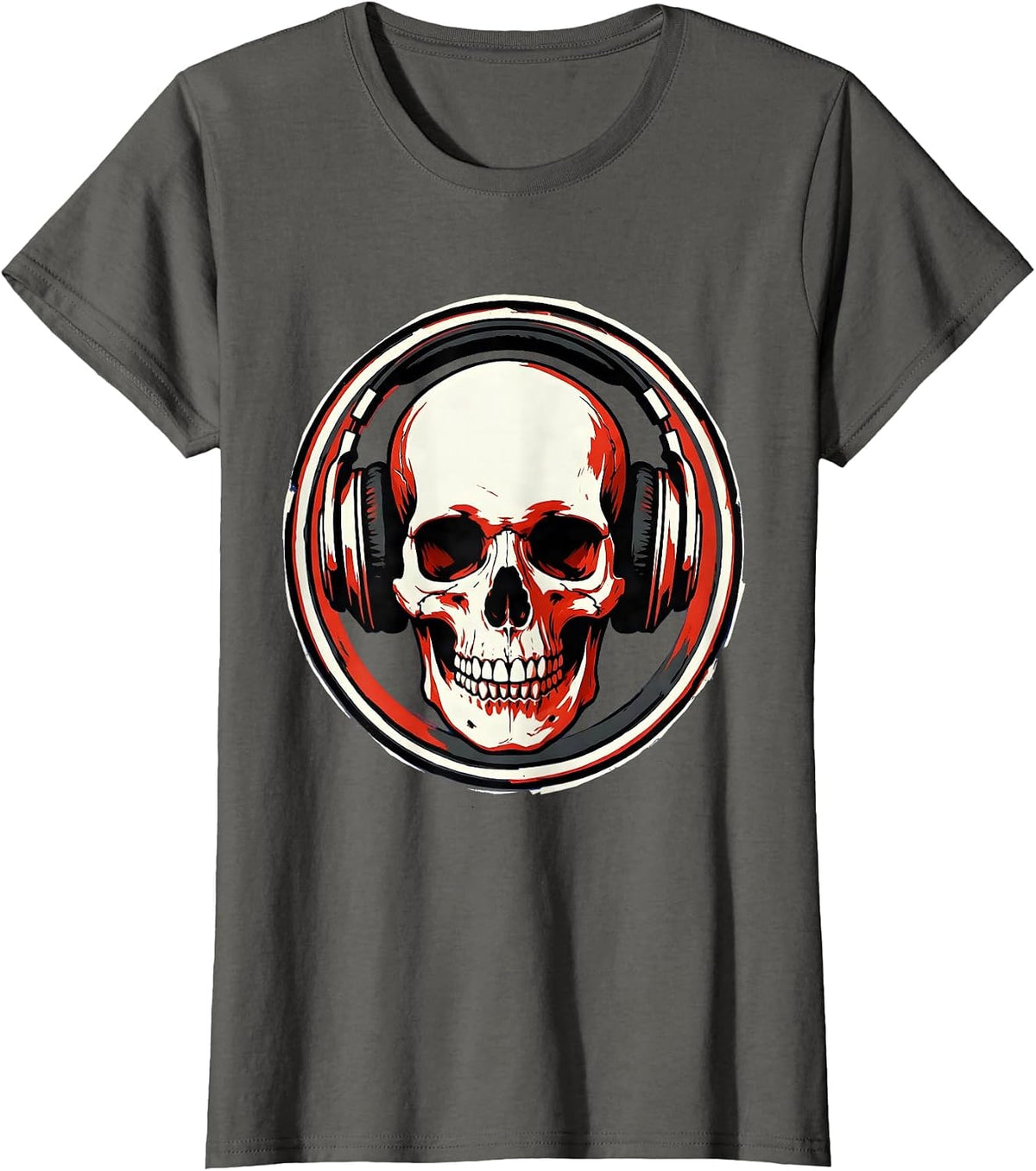 Women's Skull With Headphones Rock Music Graphic T-Shirt - Asphalt Grey