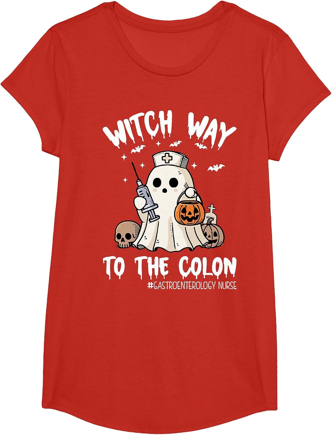 Gastroenterology Nurse Halloween Endo Nurse Ghost Endoscopy T-Shirt - Girls Red
