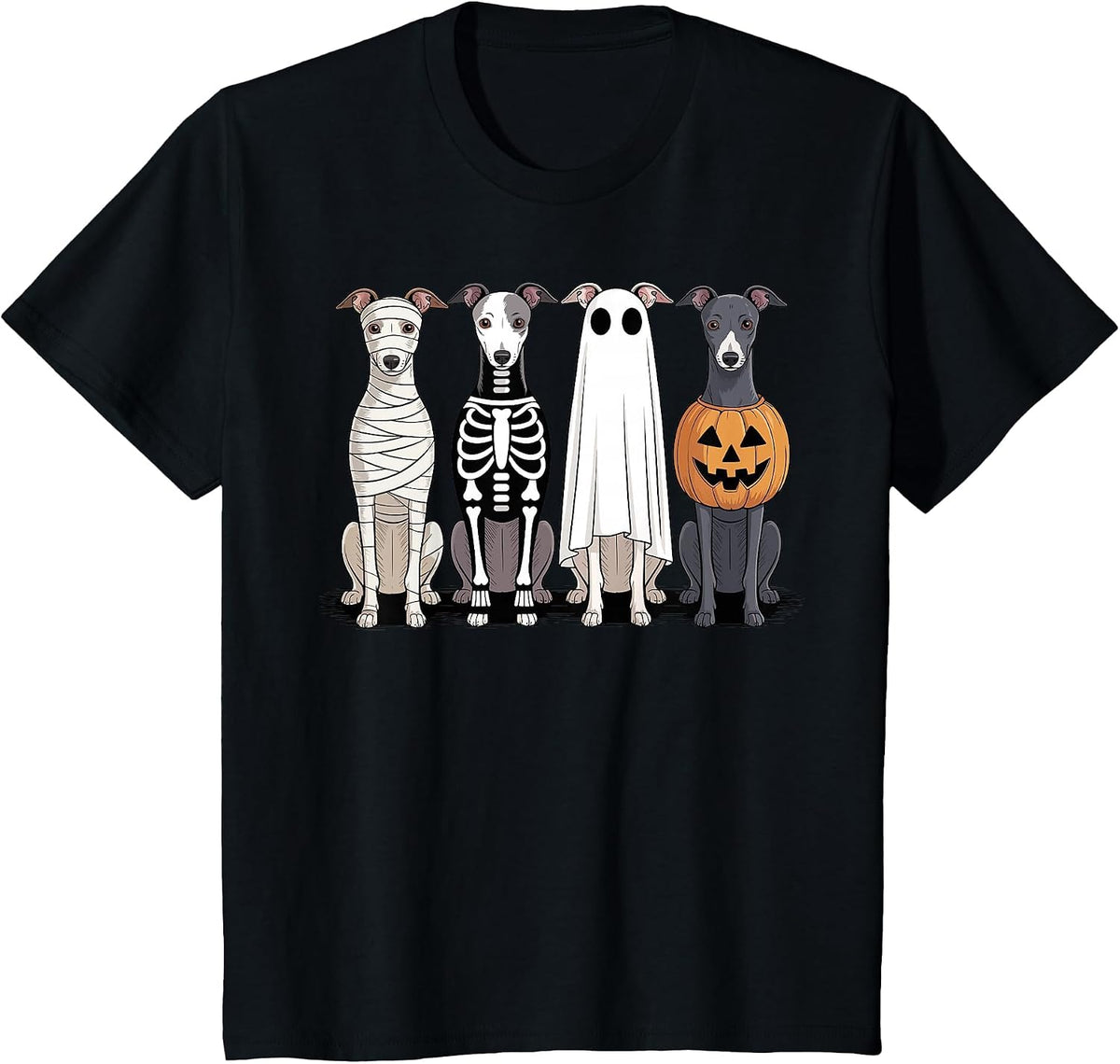 Spooky Ghost Italian Greyhound Pumpkin Halloween Skeleton T-Shirt - Black