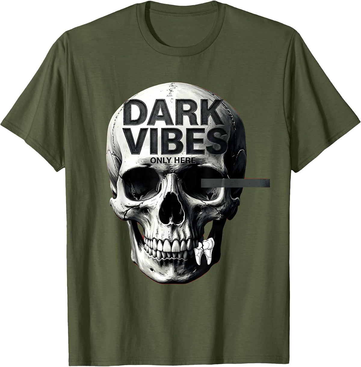 Dark Vibes Only Skull Graphic Design T-Shirt - Olive Green